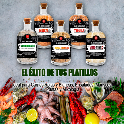 KICOMES® Kit 5 Sales Ahumadas en Diversos Destilados y Especias Selectas 250gr c/u