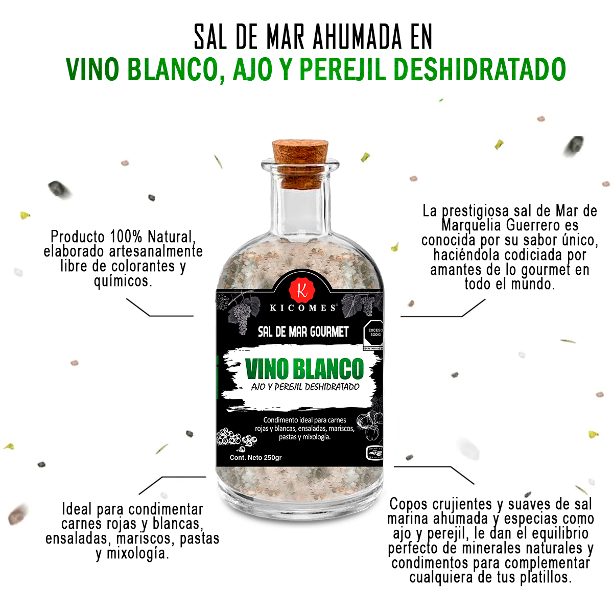 KICOMES® Sal De Mar Ahumada en Vino Blanco, Ajo y Perejil 250gr