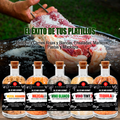 KICOMES® Kit 5 Sales Ahumadas en Diversos Destilados y Especias Selectas 250gr c/u