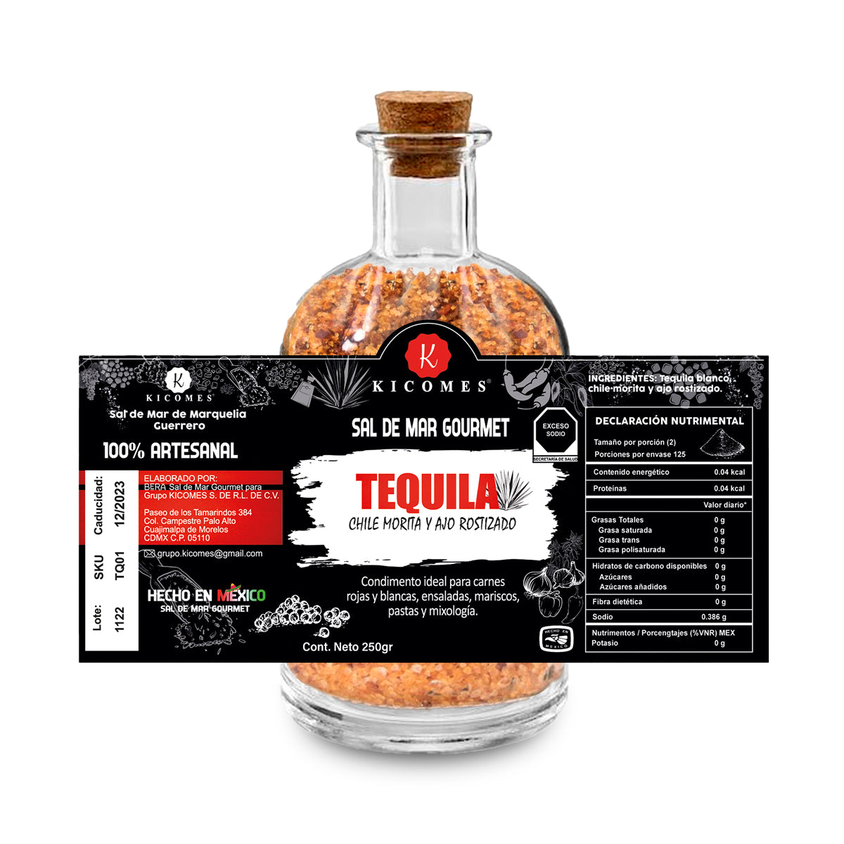 KICOMES® Sal De Mar Ahumada en Tequila, Chile Morita y Ajo Rostizado 250gr