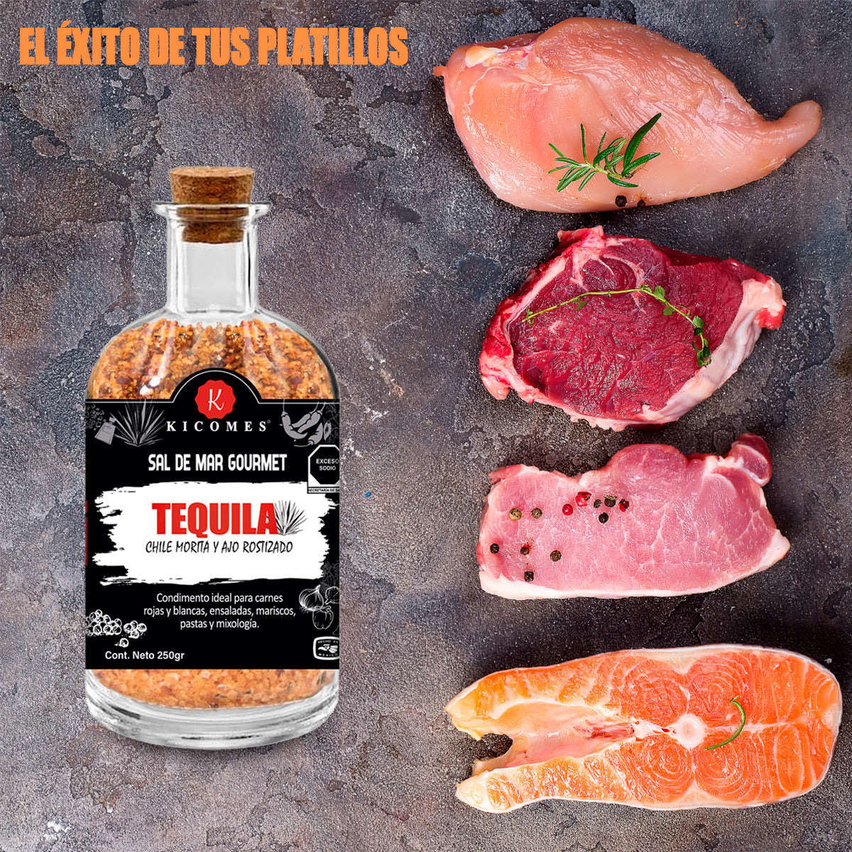 KICOMES® Sal De Mar Ahumada en Tequila, Chile Morita y Ajo Rostizado 250gr